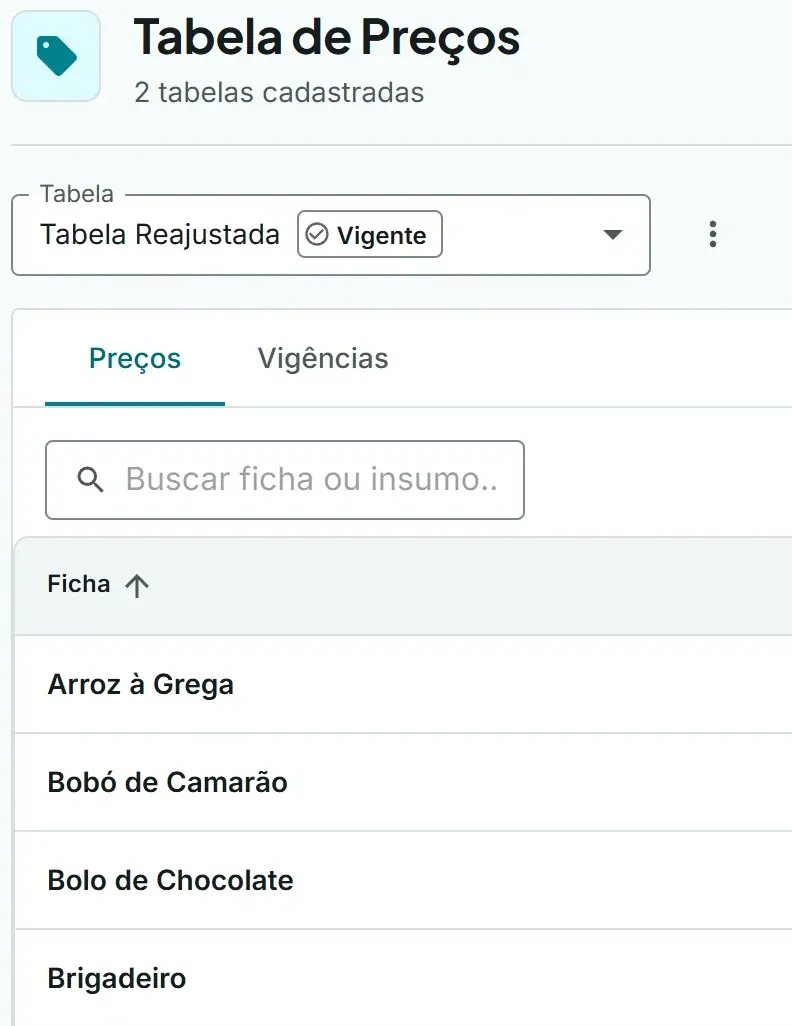 Tabela de Preços: a tabela Reajustada vigente, com as abas Preços e Vigências e as primeiras fichas.