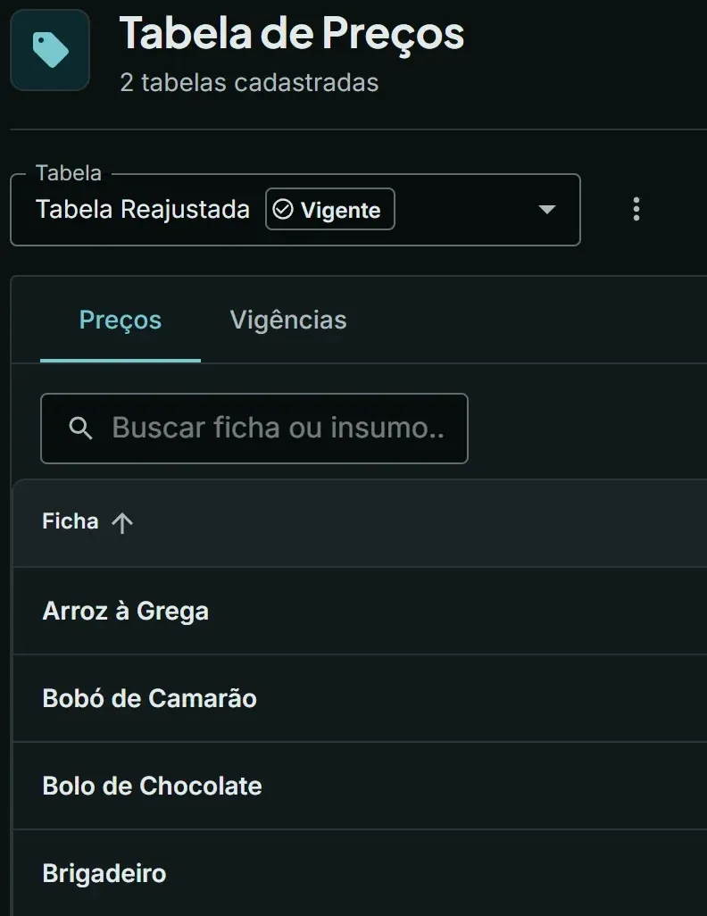 Tabela de Preços: a tabela Reajustada vigente, com as abas Preços e Vigências e as primeiras fichas.