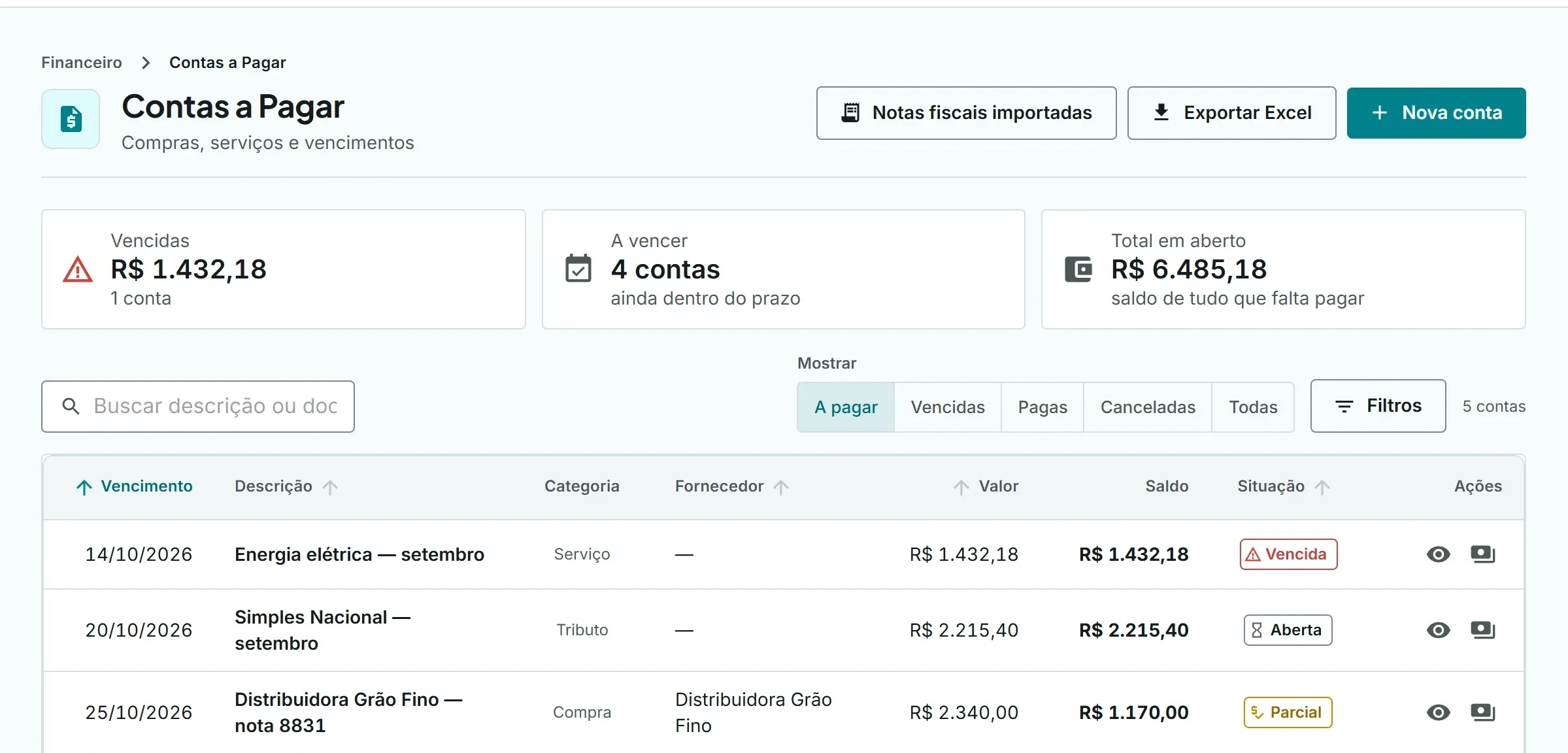 Contas a Pagar: uma conta vencida, contas abertas e uma paga em parte, com o resumo das vencidas e a vencer.
