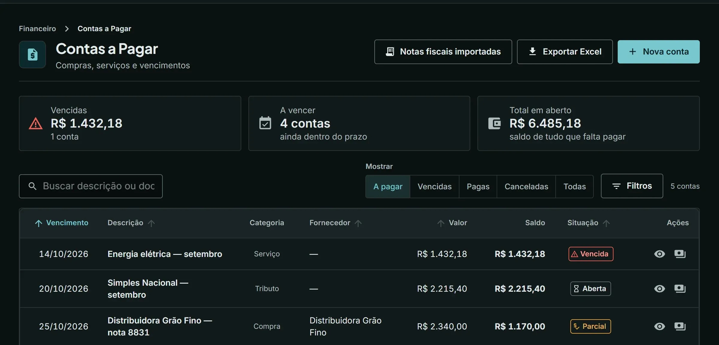 Contas a Pagar: uma conta vencida, contas abertas e uma paga em parte, com o resumo das vencidas e a vencer.
